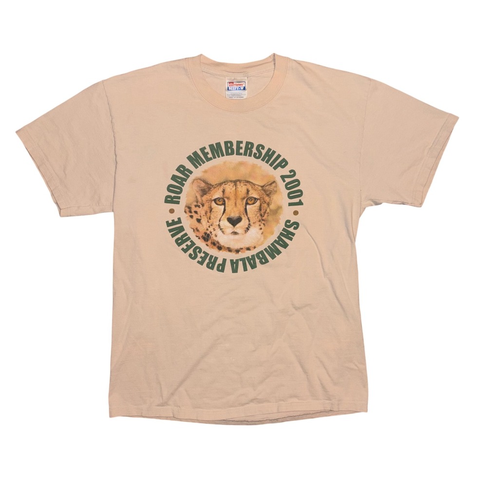 Vintage Hanes Beefy-T 2001 Shambala Preserve Cheetah Graphic T-Shirt Tan Mens M